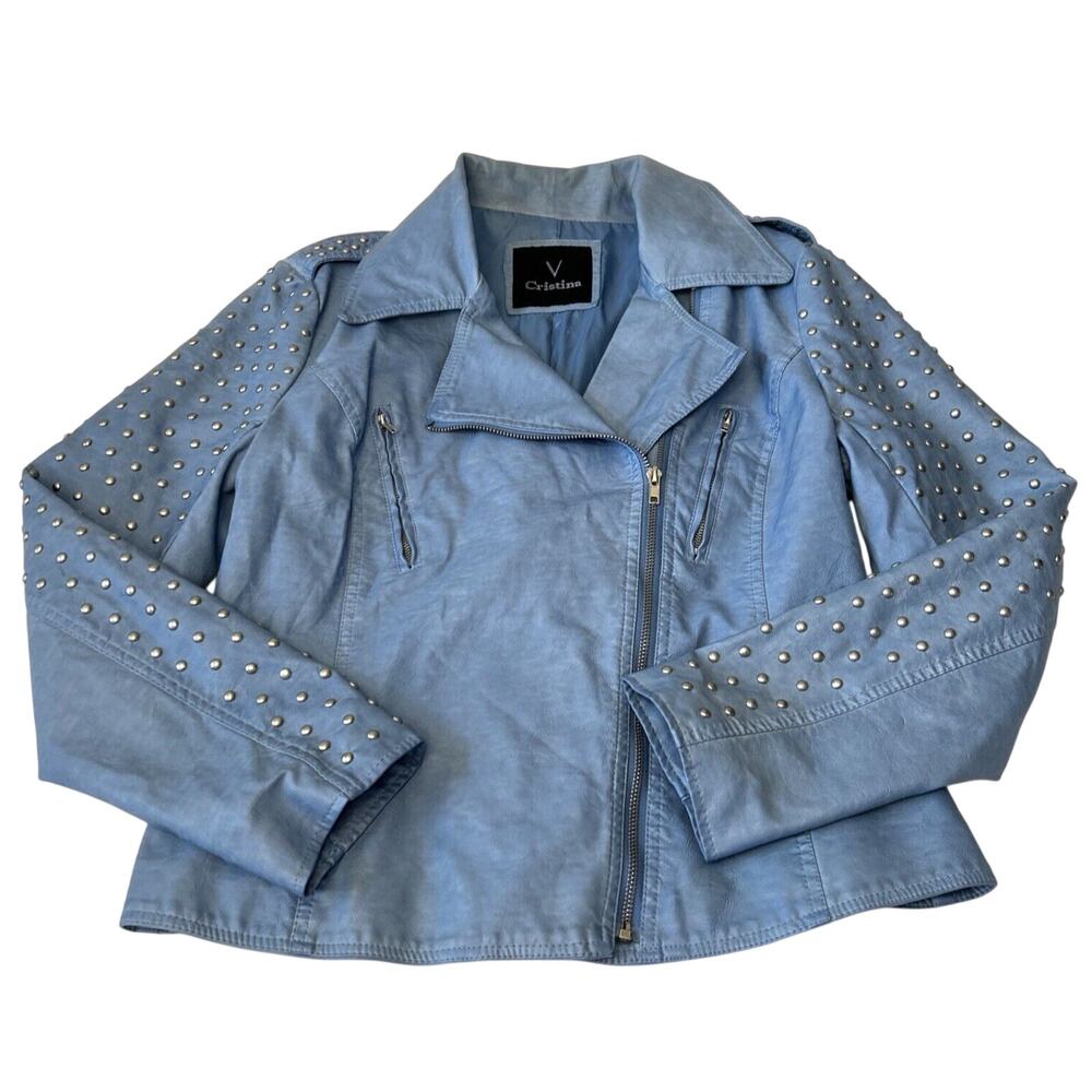 V Cristina Women's Faux Leather Moto Jacket Size L Blue Studs Fitted Lined